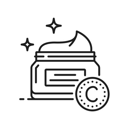 Cream with vitamin C, line icon for face skin care cosmetics, linear vector. Facial cream or moisturizer jar container with vitamin C for anti aging or face skin nutrition and skincare pictogramのイラスト素材