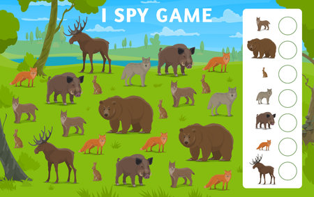 I spy game cartoon hunting forest animals and birds. Vector boardgame worksheet, guessing playing activity with , boar, bear, moose or elk, fox, hare and lynx standing on green lawn at summer woodのイラスト素材