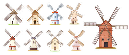 Cartoon wind mill buildings or windmill farm, isolated vector wooden or stone mills. Village and agriculture old windmill towers in rural country farm, Holland Dutch vintage wind mills with flour barnのイラスト素材