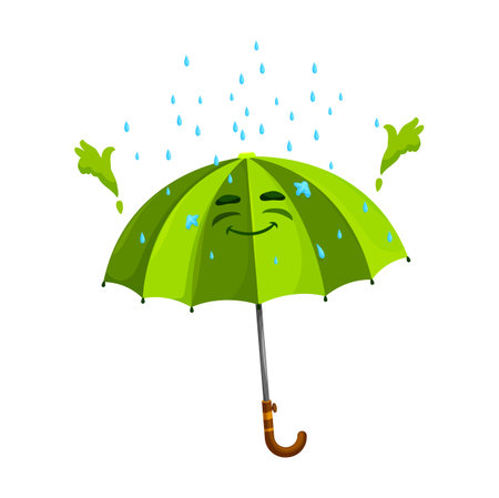 Cartoon green striped umbrella character. Cute vector parasol with smiling face exuding positive emotions enjoying falling rain drops. Isolated personage for climate forecast, rainy weather emoticonのイラスト素材