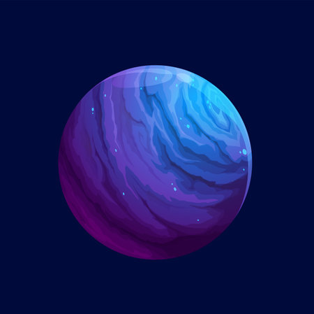 Cartoon fantasy blue violet space planet, vector galaxy game icon. Alien universe earth or star landscape for space world UI or kid galaxy game, mega giant cosmic planet with blue surfaceのイラスト素材