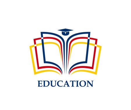 Education book icon, student cap and library dictionary or textbook, vector line symbol. University or college education library icon for bookstore ebook app with student graduation cap on open pagesのイラスト素材