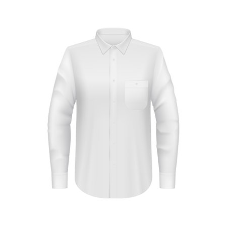 White men shirt mockup, 3d vector male formal dress with long sleeves front view. Isolated vector fashioned tailored fit mock up with details, fabric texture, buttons, chest pocket, collar and cuffsのイラスト素材