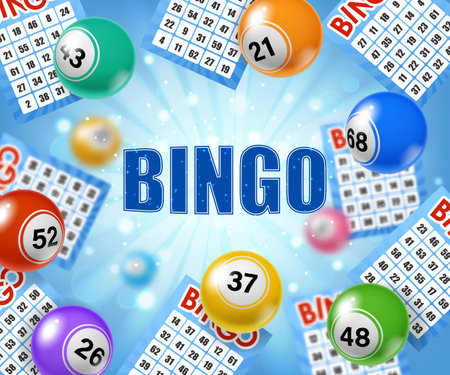 Bingo lottery tickets and balls. Casino lotto lucky bet, gamble luck opportunity or bingo game jackpot win realistic vector concept. Gambling lottery, fortune chance 3d backdrop with light explosionのイラスト素材