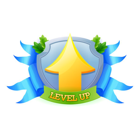 Game level up badge and win icon. Vector ui bonus label with golden arrow, blue award ribbons and laurel leaves. Medal for achievement, development reward, isolated cartoon trophy experience growthのイラスト素材