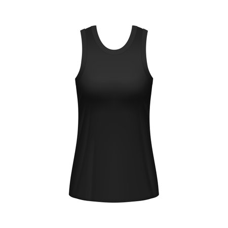 Black women tank top back view isolated 3d vector mockup. Blank clothes, sleeveless tshirt, singlet apparel. Realistic female garment, underwear clothing design, outfit object blank templateのイラスト素材