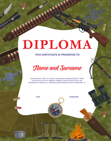 Diploma with hunting equipment and weapons. Hunter sport club certificate, diploma or award vector template with background frame of cartoon rifle, knives, compass and gun, tent, crossbow and trapのイラスト素材