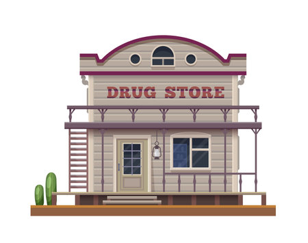 Western Wild West drug store, town building in country country, vector wooden architecture. American Wild West country drug store or pharmacy, Western building with wood signageのイラスト素材