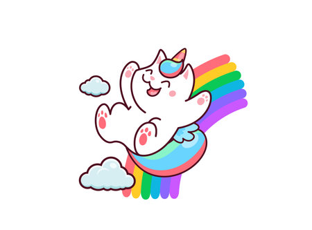 Cartoon cute kawaii caticorn character riding on rainbow. Magic creature of unicorn cat or kitty vector personage with rainbow horn and tail. Happy caticorn pet animal playing in sky with cloudのイラスト素材