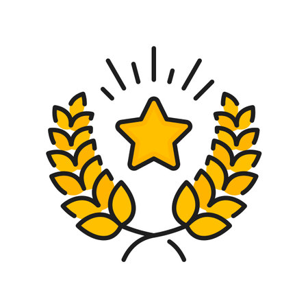 Gold star and laurel wreath vector icon. Special benefits and reward, exclusive bonus points, prize or gift for VIP members of customer loyalty incentive program isolated color line symbolのイラスト素材