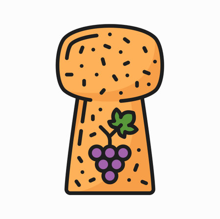 Wooden cork for champagne or wine winery drink color line icon. Vector alcohol beverage cork with grape, wine cork with grape branch printのイラスト素材