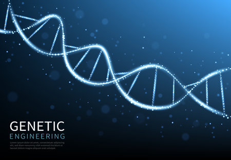 Glow DNA helix, cell or molecule genes abstract vector background of biotechnology, biology and genetic medicine science. Chromosome spiral strand of DNA helix with blue neon light particlesのイラスト素材
