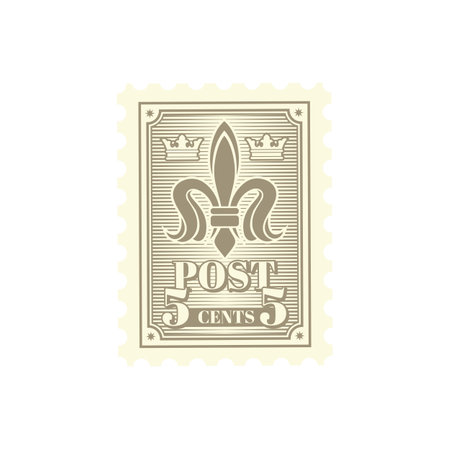 Antique postcard, retro postage stamp and vintage mail with heraldry lily. Postal retro label, postcard vector stamp or mail mark. Post envelope perforated postmark with medieval heraldic symbolのイラスト素材
