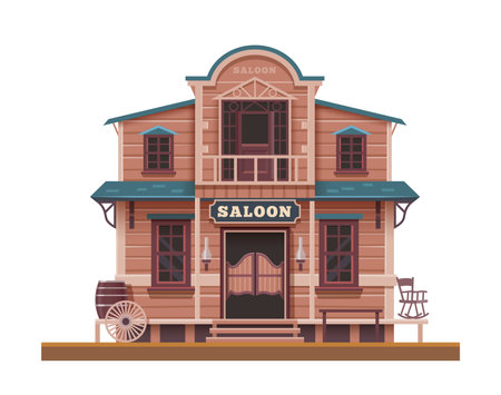 Western, Wild West saloon, cartoon town building or cowboy country bar, vector old house. Western saloon tavern or Texas wooden house, Western American architecture and pub exteriorのイラスト素材