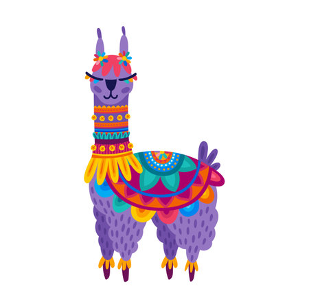 Llama alpaca kids toy, animal decorated by flowers. Vector llama baby character, cartoon personage. Mexican or peru guanaco wild lamaのイラスト素材