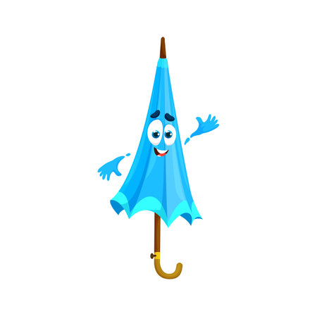 Cartoon blue azure umbrella character. Whimsical amusing vector folded parasol with grinning face waving hand, expressing happy emotions and feelings. Isolated gingham personage for climate forecastのイラスト素材