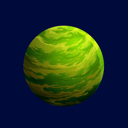 Cartoon green space planet for galaxy game or alien fantasy earth, vector icon. Cosmic world planet with green craters surface, space exoplanet or moon in cosmos or extraterrestrial solar systemのイラスト素材