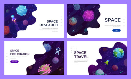 Space landing page with galaxy planets, spaceship, astronaut and asteroids. Vector web banners with cosmonaut and shuttles flying in Universe with stars and comets in alien world, colonization missionのイラスト素材