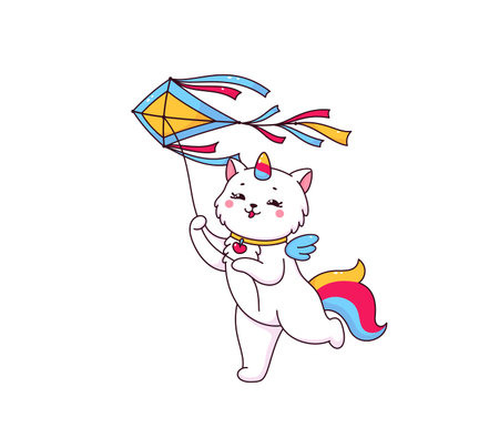 Cartoon cute caticorn character with kite, happy unicorn cat vector personage. Funny white kitty animal with rainbow unicorn and tail. Magic creature of kawaii caticorn character flying a kiteのイラスト素材