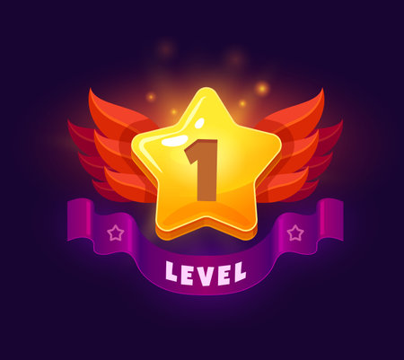 Game level up badge and win icon. Vector golden star, red wings, and purple banner. Casino bonus, rank reward, victory, success achievement award trophy, ui or gui mobile app winner surprise giftのイラスト素材