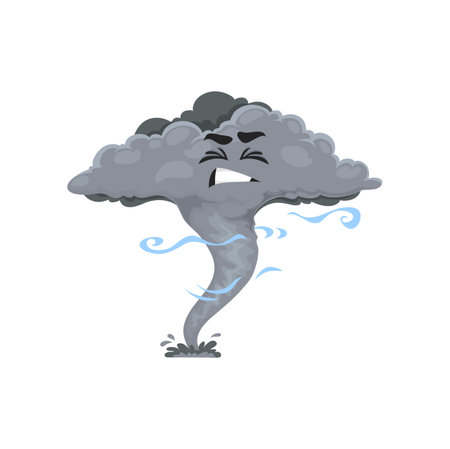 Cartoon tornado character, storm, whirlwind twister, cyclone personage. Vector funnel with funny face. Weather forecast, web design element, hurricane vortex, isolated swirl or twist whirlのイラスト素材