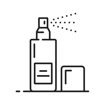 Spray bottle icon, cosmetic container for face and skin care, vector line pictogram. Sanitizer spray, facial wash cleanser or hair conditioner, serum or face micellar water moisturizer bottle iconのイラスト素材