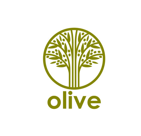 Olive tree symbol, olive oil label and organic food or cuisine restaurant vector sign. Green olive tree silhouette in circle for extra virgin olive oil, natural eco food and bio products iconのイラスト素材