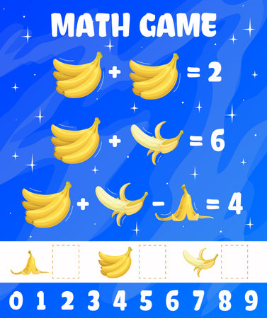 Math game cartoon raw banana fruits. Vector mathematics riddle worksheet for children education and learning arithmetic. Development of calculation skills, count how many bananas puzzle taskのイラスト素材