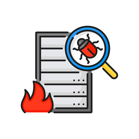 Computer bug color line icon for mobile concept and web design. Virus and burning fire, cyber attack alert, stealing personal informationのイラスト素材