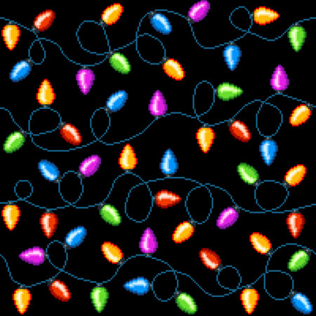 Christmas pixel lights seamless pattern or winter holiday garland vector background. Christmas lights in 8bit pixel pattern, Xmas decoration of colorful bright light bulbs for New Year backgroundのイラスト素材