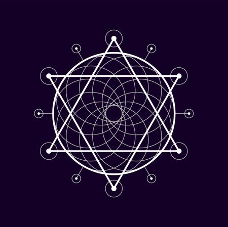 Geometric boho magic sacred shape esoteric symbol, alchemy icon. Vector connected geometry figures of triangle and circle, masonic ornamentのイラスト素材