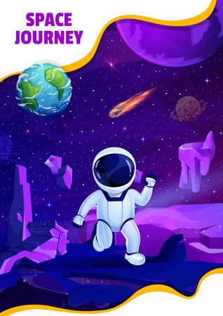 Cartoon astronaut in outer space on planet surface. Starry galaxy vector landscape of alien world with fantasy space planets, Earth and stars, spaceman character, asteroids and meteorsのイラスト素材