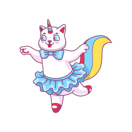 Cute cartoon caticorn dancing character, cat unicorn or funny kitty, vector animal. Cheerful caticorn or kitty unicorn happy dance in ballerina skirt, baby kitten pet or magic princess caticornのイラスト素材