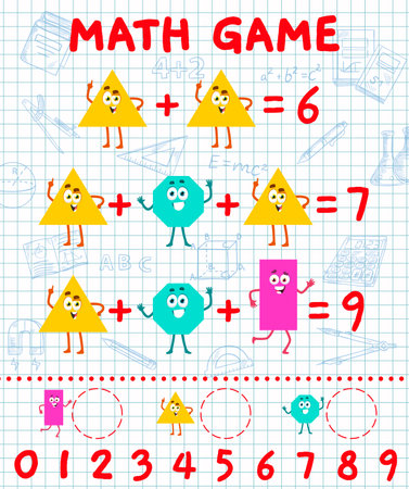 Math game. Cartoon shape characters. Mathematical quiz worksheet for children, addition task vector riddle or math puzzle with triangle, pentagon, rectangle geometrical shapes cheerful charactersのイラスト素材