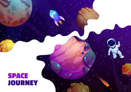 Outer space, cartoon astronaut in galaxy space stars and planets, vector background. Space journey of spaceman and spaceship rockets in fantasy galaxy with alien planets, meteorites and asteroidsのイラスト素材