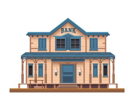 Western, Wild West bank or town building, old American wood architecture, isolated vector. Western country or Wild West American bank building facade with wooden windows and entranceのイラスト素材