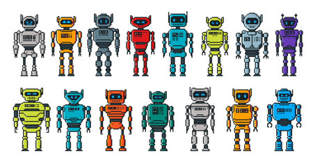 Pixel robot characters, cartoon cyborgs and robotic droid bots, 8 bit vector. Pixel robots and transformer toys or electronic space machines with screen faces for arcade game assetsのイラスト素材