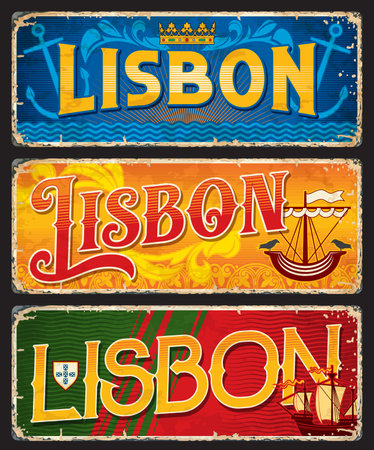 Lisbon travel stickers and plates with vector heraldic symbols of Portugal. Coat of arms of Portugal and Lisbon, portuguese flag and gold crown rusty metal plates with azulejo tile pattern backgroundのイラスト素材