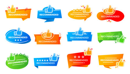 Recommend labels, stickers and tags with thumb up and stars, vector icon. Recommended label for best quality and top good product, seller recommendation stickers for best choice with thumb up signのイラスト素材