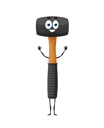 Cartoon rubber mallet tool character, construction or carpentry woodworking equipment, vector item. Funny rubber mallet or hammer tool with cartoon face, handyman repair work toolのイラスト素材