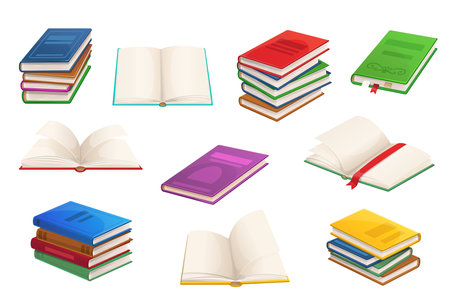 Cartoon books, textbooks and bestsellers, opened books in stacks. Library isolated vector literature books or school education, opened textbooks with bookmark and closed in pile stacksのイラスト素材