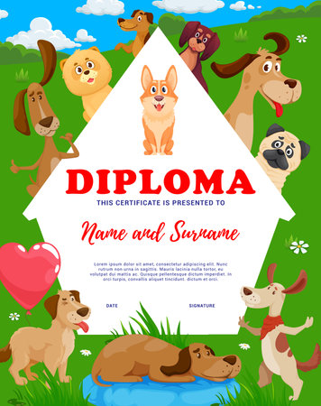 Kids diploma cartoon dogs and puppies. Adopt a dog vector animal shelter certificate with cute funny pets playing on green field. School award frame, invitation or appreciation letter for childrenのイラスト素材