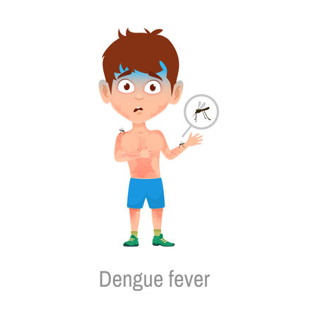 Child with dengue fever disease. Isolated vector sick little boy with allergies on infected mosquito bite with red itchy rash pimples on body. Insects sucking child blood. Kid sickness symptomsのイラスト素材