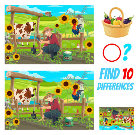 Find ten differences of farmer on field, kids game quiz and vector cartoon puzzle. Famer on farm garden with cow and rooster planting vegetables, kids puzzle worksheet to find differences on pictureのイラスト素材