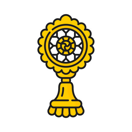 Dharmachakra chamaru knowledge sign buddhism religion icon. Vector wheel of law gautama Buddha and Dharma teaching. Dharma wheel auspicious signのイラスト素材