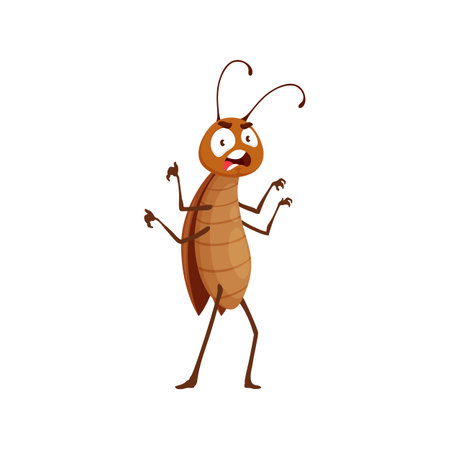 Cartoon cockroach character, angry or upset bug. Isolated vector funny roach insect, beetle game or book personage negative emotion. Cute pest with big eyes and antennasのイラスト素材