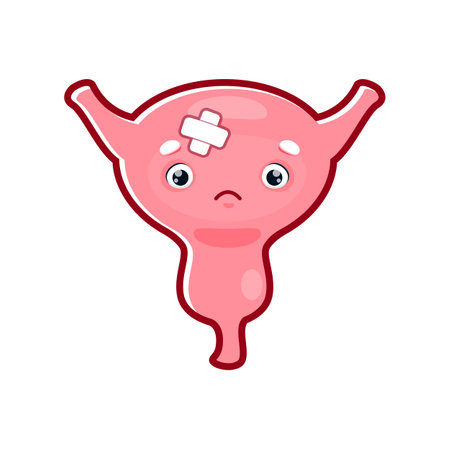 Cartoon sick bladder organ character, vector personage of human urinary system anatomy. Pink inflamed bladder with sad face, painful urethra and ureters, cystitis, urinary inflammation or infectionのイラスト素材