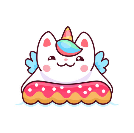 Caticorn character or cute unicorn cat animal vector personage. Cartoon caticorn, funny cat, kitty or kitten with rainbow colors unicorn horn, mane and wings swimming on water donut or swim ringのイラスト素材