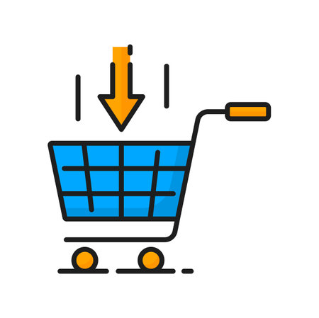 Shopping cart with arrow above, logistics and wholesale concept, color ERP icon. Vector enterprise resource planning, food delivery and transportationのイラスト素材