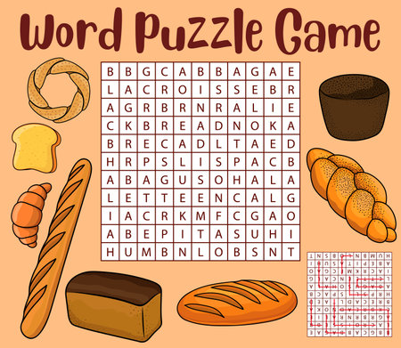 Bread and bakery food. Word search puzzle game worksheet. Kids quiz grid, educational riddle or playing activity vector page with blackbread, croissant and bagel, baguette, loaf and hallah breadのイラスト素材